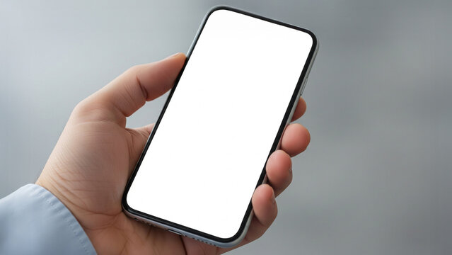 Close-up of a hand holding a smartphone with a blank white screen