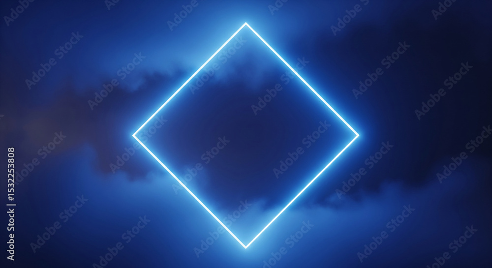 Poster blue neon light forms a diamond shape against a dark, cloudy background, creating a modern and minim