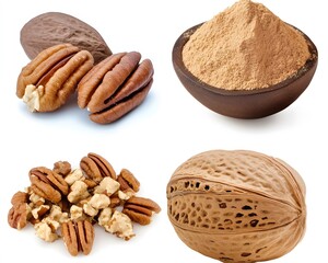 Delicious Pecan Nuts and Powder Collage,   Whole Pecans, Pieces, and Powder in Bowl