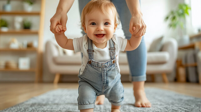 Happy toddler learning to walk at home with the help of a parent.