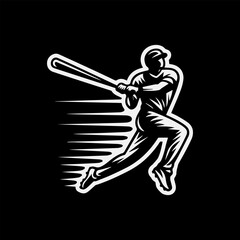 Striking black and white illustration of a baseball player in mid-swing with dynamic lines. Sport concept