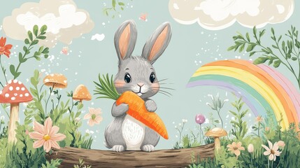 Adorable Bunny with Carrot in a Magical Rainbow Garden, World Rabbit Day, September 27