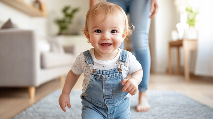  Happy toddler learning to walk at home with the help of a parent. 