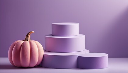 Halloween display concept. Pale Lilac empty podiums on lilac background with lilac and pink halloween pumpkins. Generated image