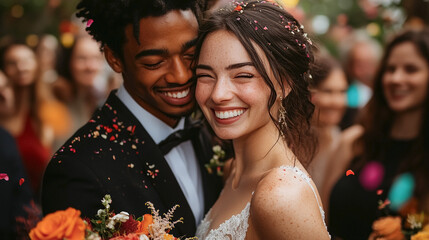 moment of diverse and different ethnicities couple in wedding.