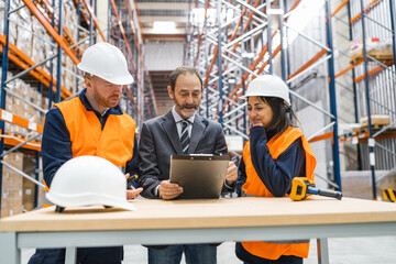 Manager holding clipboard discussing logistics with warehouse workers wearing safety vests and...