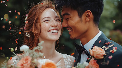 moment of diverse and different ethnicities couple in wedding.