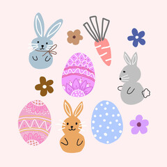 Easter Eggs Vector Illustration with Bunny, Easter Eggs, Flowers, Hand Drawn, Use for Textile, Decoration and Print