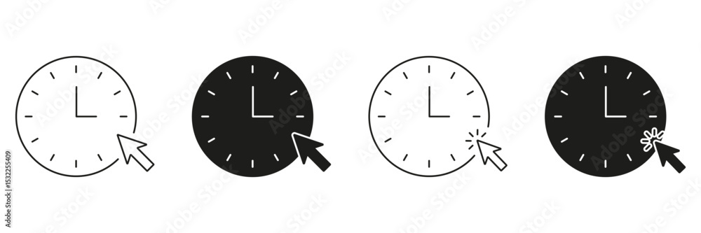 Poster clock with cursor line and solid icon set. time management, scheduling, and online interaction symbo