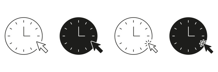 Clock With Cursor Line And Solid Icon Set. Time Management, Scheduling, And Online Interaction Symbol Collection. Digital Efficiency And Productivity Concept. Isolated Vector Illustration