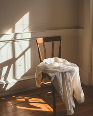
White cotton shirt neatly folded on the seat of a wooden chair, afternoon sunlight falling across the fabric, shadows of window panes on floor, no people, elegant minimal composition


