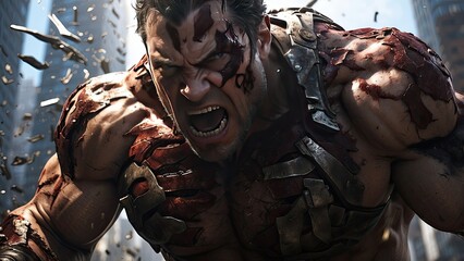 Epic Muscular Warrior Facing Fiery Heart-Shaped Explosion in Apocalyptic Scene"