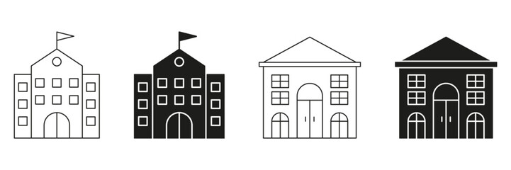 School Building Line And Solid Icon Set. Educational Institution, Learning Center, Academic Facility Silhouette Symbol Collection. Architecture And Campus Design. Isolated Vector Illustration