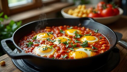 Shakshuka in a cast iron pan with sunny side up eggs and parsley.