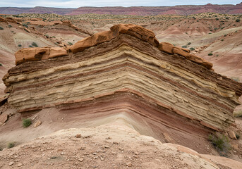 Geological layers showing accretion of sedimentary rock over millions of years, desert cliff background