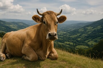 brown cow sitting on grassy hillside with green pasture in background.
