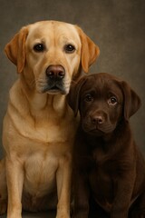 Two dogs, one brown and one black, standing side by side in front of neutral background.