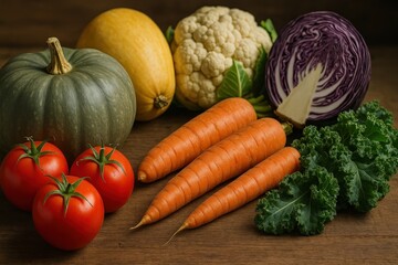 wooden table displaying assortment of fresh vegetables including carrots, broccoli, tomatoes, squash, onions, and cabbage.