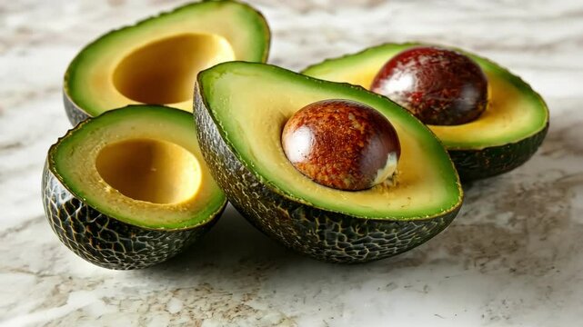 Fresh avocados halved with seeds on marble surface, healthy lifestyle, food
