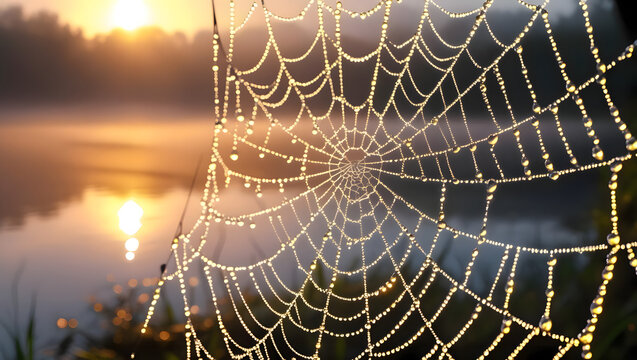 Spiderweb covered in dew in front of a misty lake at sunrise