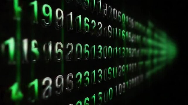 A mesmerizing display features glowing green numbers dynamically moving across a dark background, illustrating the intricate world of binary code and digital communication