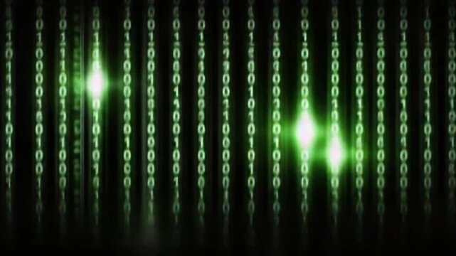 In a dark, immersive setting, green binary code cascades down in a mesmerizing fashion, creating an atmosphere reminiscent of advanced technology and digital societies
