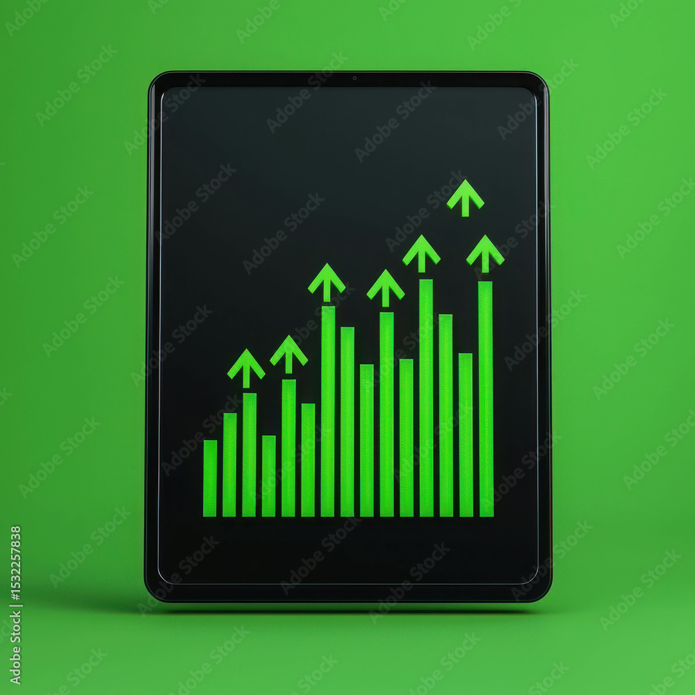 Poster green tablet displaying growing bar graph with rising arrows on vibrant background