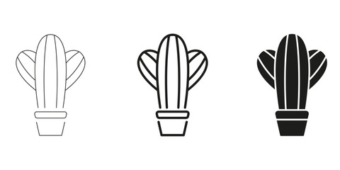 Cactus In Pot In Line, Outline, And Glyph Icon Set. Succulent Symbol Collection. Desert Plant, Botanical And Eco-Friendly Design Elements. Isolated Vector Illustration