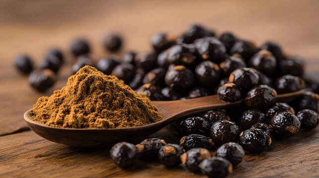 Organic Soap Nuts Powder and Seeds on Wooden Spoon