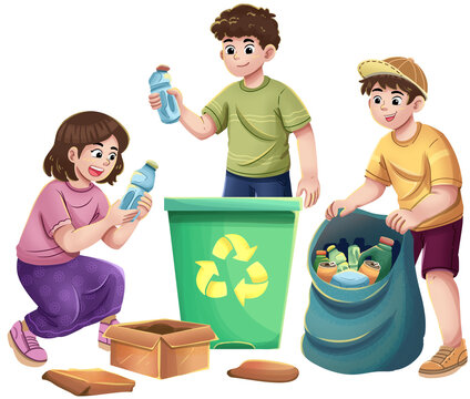 Kids Sorting Trash for Recycling During Gotong Royong Illustration