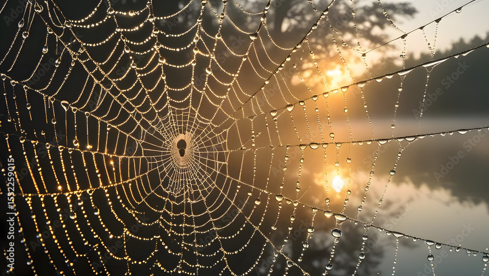 Wall mural spiderweb covered in dew in front of a misty lake at sunrise