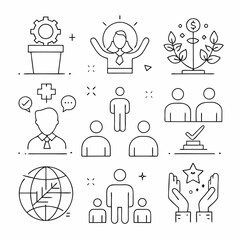 Line Art Icons Set of Business Growth Success Teamwork and Leadership