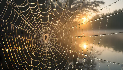 Spiderweb covered in dew in front of a misty lake at sunrise