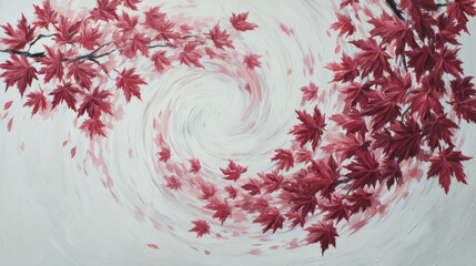 abstract leaf movement concept, dynamic swirl of maple leaves on white textured background