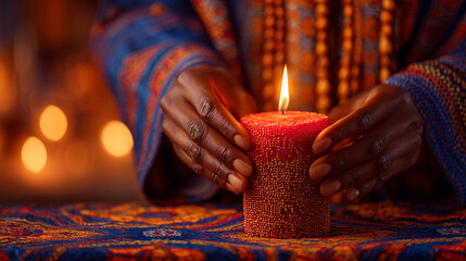 holding red Kwanzaa candle with gentle focus on kinara, cultural fabric on table