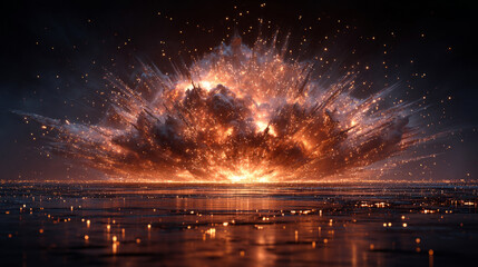 energetic explosion moment, flame burst spreading outward with glowing particles suspended in air