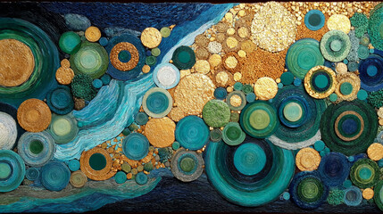 fluid abstract mosaic, golden, blue and green circular tiles flowing like water over