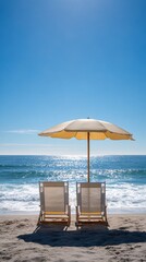 Two empty beach chairs sit under a light-colored parasol on a bright, sandy beach, facing the sparkling ocean under a clear blue sky. 