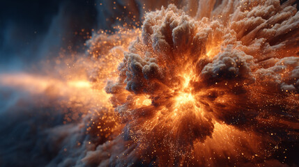 energetic explosion moment, flame burst spreading outward with glowing particles suspended in air
