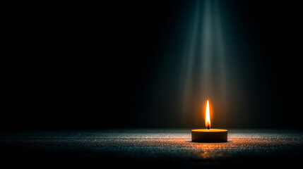 single flickering candle flame floating in darkness, tiny halo glow