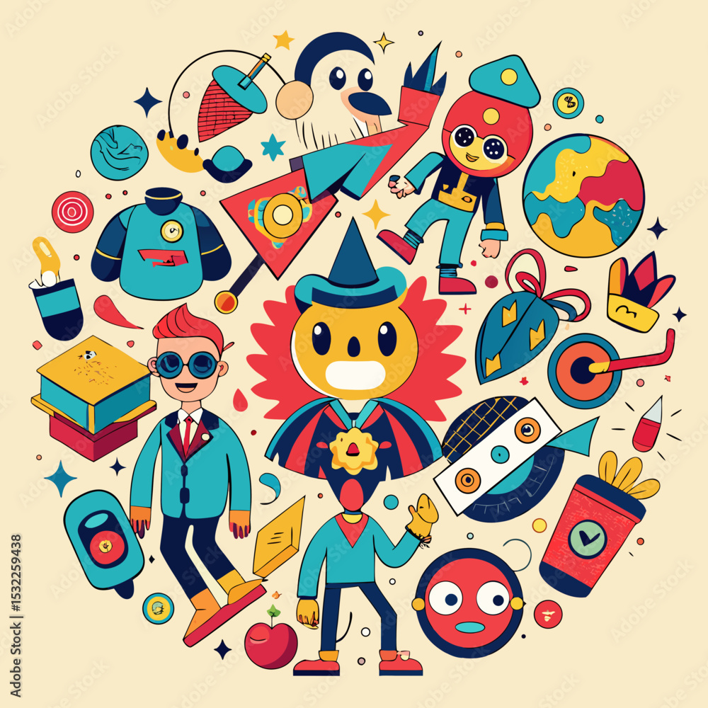 Poster vibrant colorful cartoon characters and objects in a circular composition