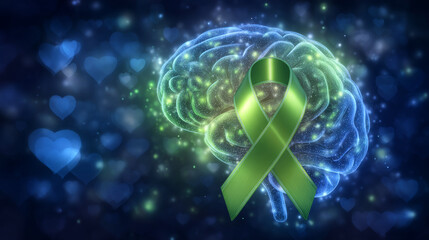 glowing green ribbon, brain, glowing background symbolizes healing and support