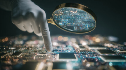 Minimalist aesthetic, tech worker assembling circuit board under magnifying lens