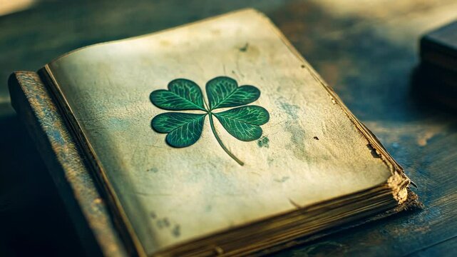 Aged book with cloverleaf