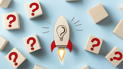Creative Concept of Wooden Blocks with Question Marks and Rocket