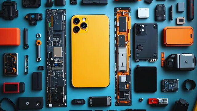 Yellow phone and electronic components. Technology, repair, mobile phone concept. Computer, electronic, gadget, disassembled, engineering.