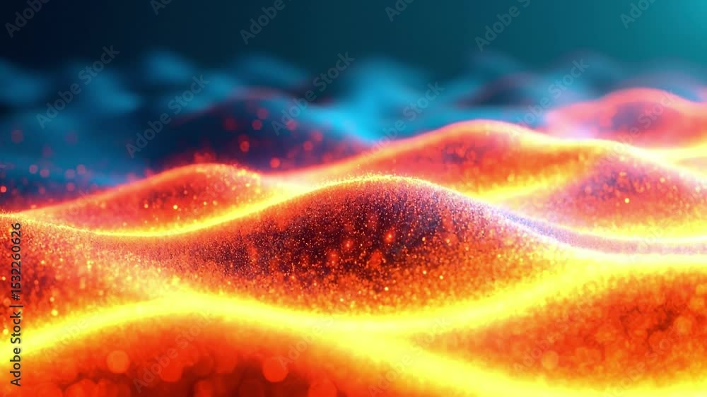 Poster Dynamic digital landscape of glowing waves in red and blue hues with particle lights. Wallpaper High-resolution digital art. Technology and energy flow concept