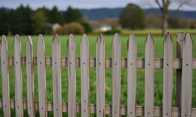 White picket fence on green grass under a blue sky, perfect for a summer garden or home landscape