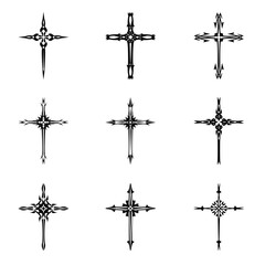 Fototapeta premium Christian cross vector icon symbols. Abstract christian religious belief or faith art illustration for orthodox or catholic design. The symbol of the cross in various designs used in tattoo.