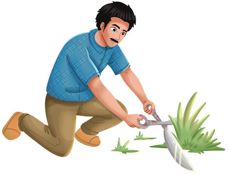 Man Cutting Grass During Gotong Royong Illustration